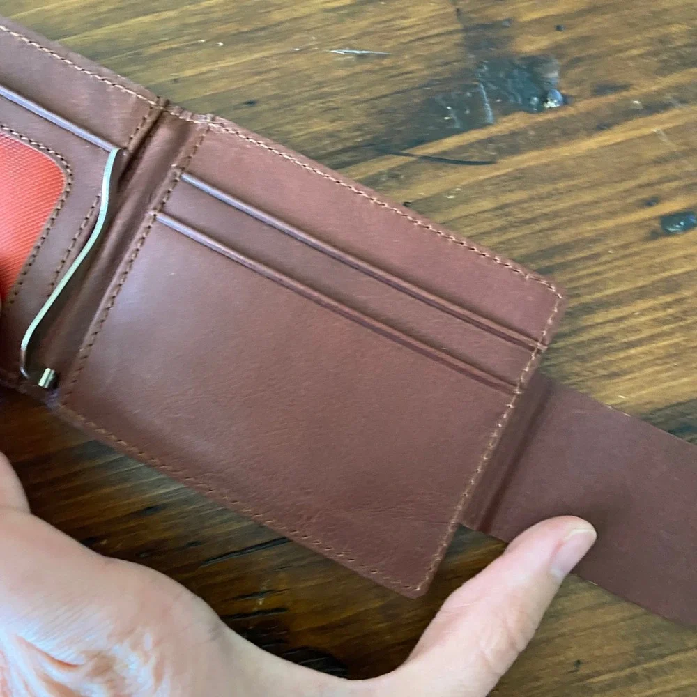 Colombian Leather Brown Bifold Wallet with Money Clip and Pull Tab Orange Accent